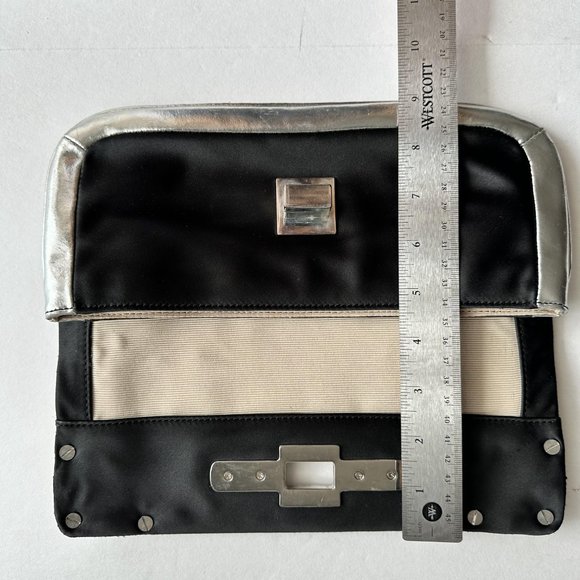 Ann Taylor Mini Satin Black Silver Purse Clutch Modern Design Evening Bag - Picture 9 of 9